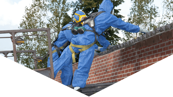 Hazmat worker removing asbestos from room triangular shape photo, Harbour Hazmat