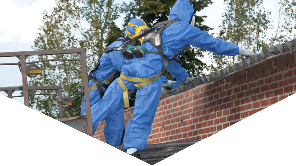 Hazmat worker removing asbestos from room triangular shape photo, Harbour Hazmat